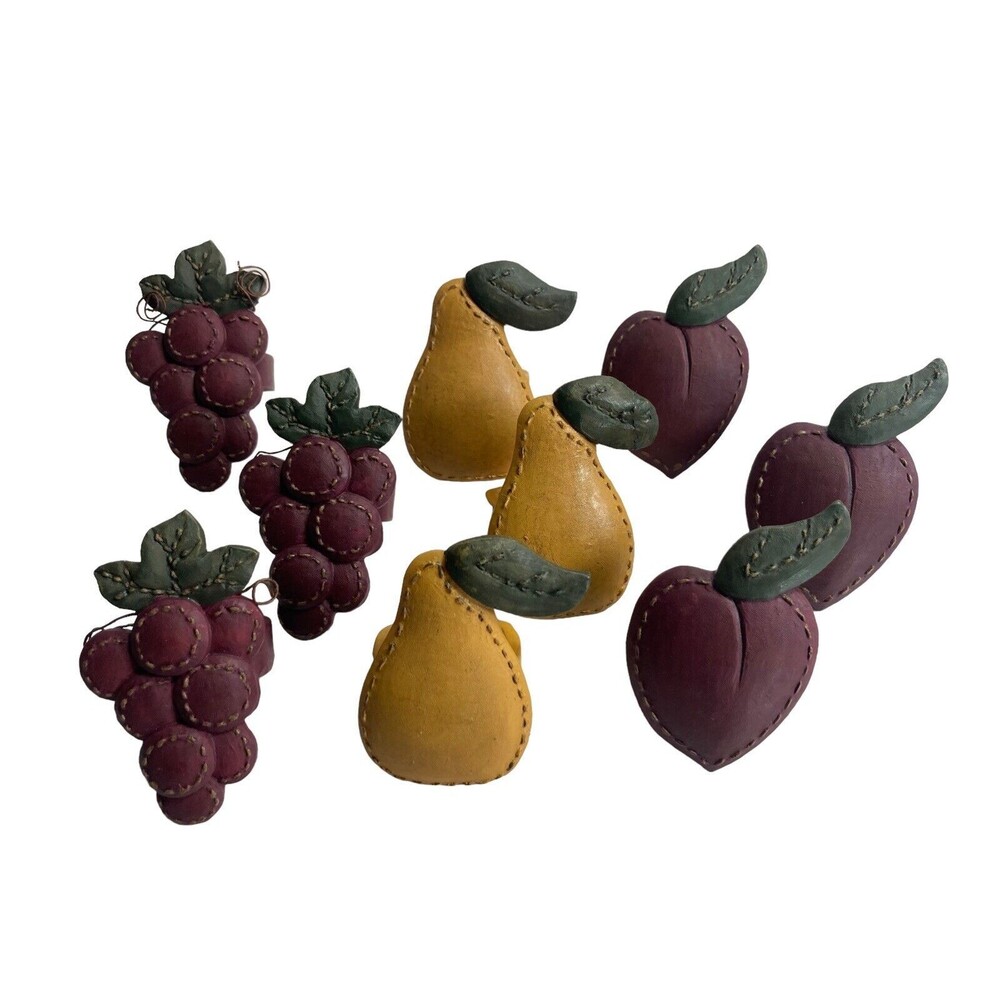 Vintage Rustic Country Plums Grapes Pear Napkin Rings x6 Large Chunky Resin 1999